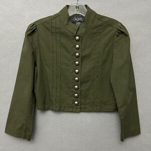 City Streets Cropped Jacket Women Medium Olive Green Military Button Puff Sleeve
